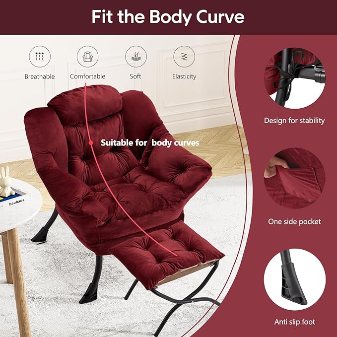 Lazy Chair with Folding Ottoman Modern Large Accent ChairContemporary Lounge Leisure Sofa Chair with Armrests Upholstered Sofa Armchair Reading Chair for BedroomDorm&ampOffice (Dusty Rose-f)