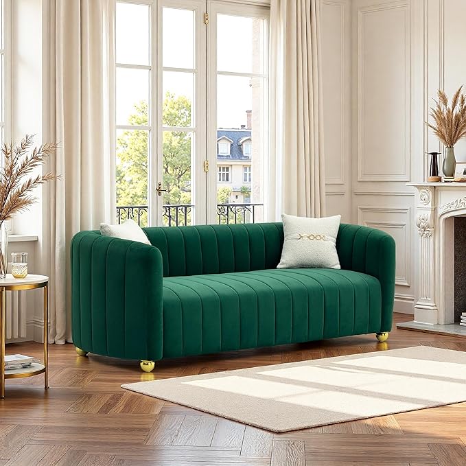 Modern Velvet Loveseat Sofa Couch for Living Room 84 Comfy Upholstered 3 Seater Sofa Couch with Gold Metal Legs &amp 2 Pillows Luxury Sectional Sofa for Bedroom Office Apartment (Green 3 Seaters)