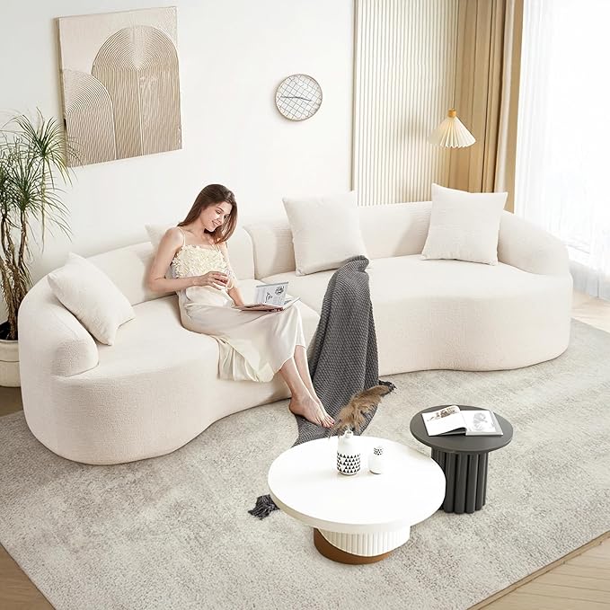 110 Curved Sectional Sofa for Living Room Modern Oversized Plush Chenille Cloud Round Deep Seat Compressed Boneless Couch with 4 Throw Pillows for Apartment No Assembly Needed White