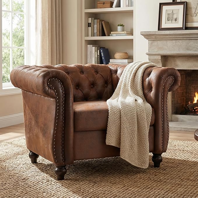 Mid-Century Modern Club Chair with Scrolled Arms Tufted Upholstered Rolled Armchair with Nailhead Trim and Solid Wood Legs for Home Bedroom Reading Room (Dark Brown87)