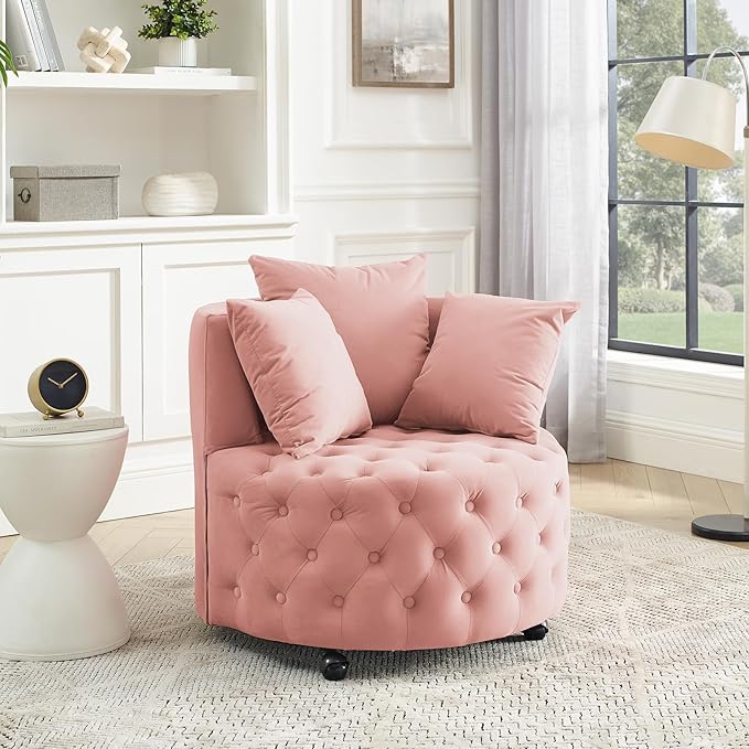 360° Swivel Accent Barrel Chair Velvet Comfy Round Chair with Button Tufted Design &amp 4 Moveable Wheels Upholstered Modern Lounge Reading Chairs for Living Room Bedroom Apartment Clubs(Pink)