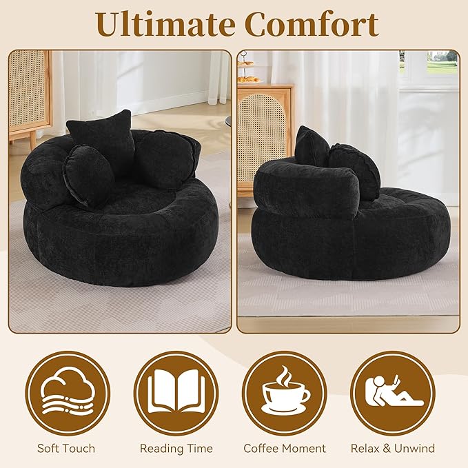 Round Oversized Chair Floor Sofa Chair Chenille Compressed Circle Chaise Lounge No Assembly Boneless Barrel Chair Lazy Bean Bag Couch Accent Chair for Living Room Bedroom DormBlack