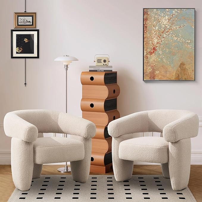 Mid Century Modern Accent Barrel Chair Comfy Upholstered Round Armchair with Montage Design Sherpa Boucle Lounge Chair for Living Room Bedroom Apartment Light Brown