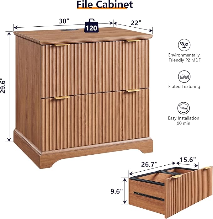 JXQTLINGMU 2 Drawer File Cabinet with Charging Station 30 Fluted Lateral File Cabinet w/Files Hanging Rod for Letter/Legal/A4 Large Tabletop for Printer Office Wood Printer Cabinets Dark Grain