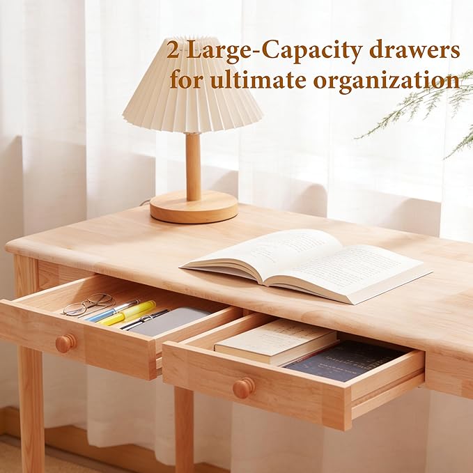 Natural Solid Wood Desk with Drawers Mid Century Modern Real Wood Writing Desk Home Computer Office Desks for Work Standing Desk for Bedroom Small Spaces (Wood Color 40×22(100×56cm))