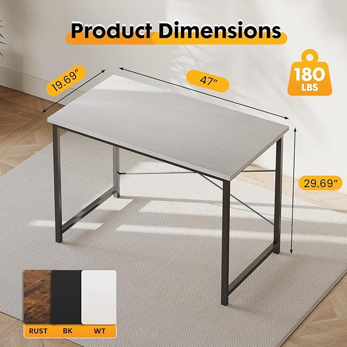 NEWBULIG 47.2” Computer Desk White Office Writing Desks Compact Study Table Student Bedroom Home Work PC Workstations with Metal Frame Wood Tabletop Small Spaces