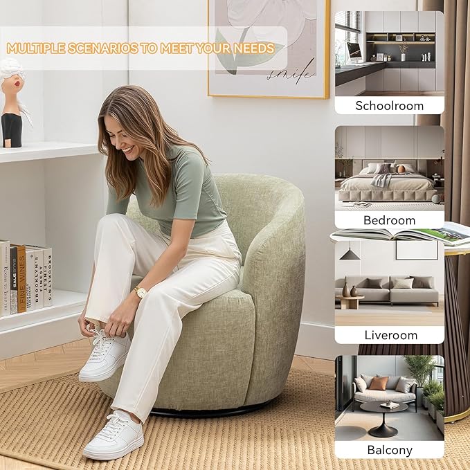 360 Degree Swivel Accent Chair Modern Barrel Vanity Chair with Back Comfy Single Circle Couch for Living Room Bedroom Reading Nook (Chenille Light Green)