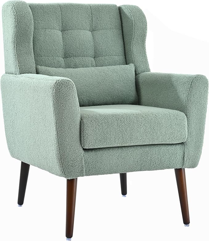 Modern Accent ChairTeddy Fabric Living Room Chairs Comfy Reading ChairMid Century Accent Chair Lounge Arm Chairs Armchair for Living Room Bedroom (Light Green)