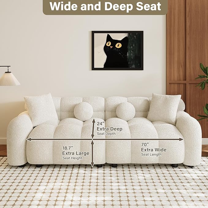 Boucle Sofa Couch 87.3 Modern Tufted Upholstered Teddy 3 Seater Sofa with 4 Pillows Sherpa Deep Seat Cloud Couch Comfy Loveseat Oversized Sofas for Living Room Apartment Beige White