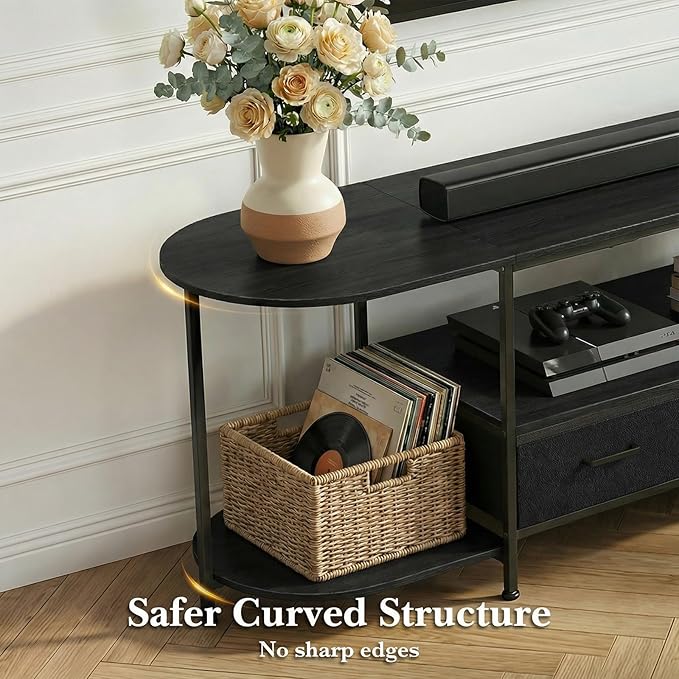 63 TV Stand for TVs up to 75 Inches Curved Edge Media Console &amp Entertainment Center with 2 Fabric Drawers Modern TV Console Table for Living Room or Bedroom Black
