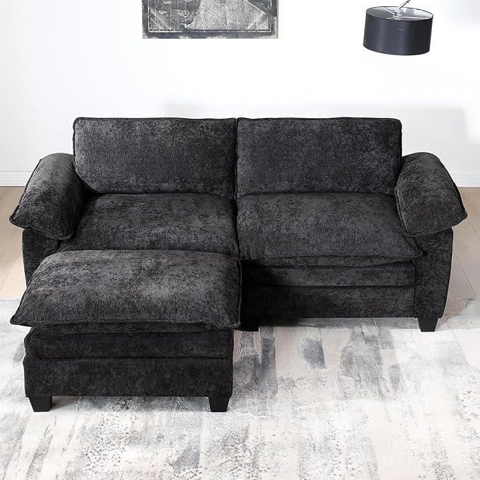 mestyl Modular Loveseat Cloud Couch Comfy Sectional Sofa L Shaped 2 Deep Seat Sofa Couch with Ottoman 84 Soft Love Seat Modern Couches for Living Room Bedroom Chenille Black