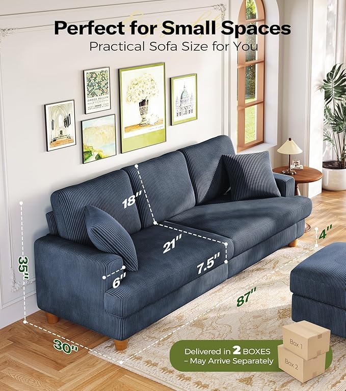 Kidirect 87in L Shaped Couch Modular Sofa No Tool Assembly Comfy Sectional Couches for Living Room 21in Deeper Seats Corduroy Sofas for Living Room with 2 Pillows Loveseat Sofa Set Blue Couch | C