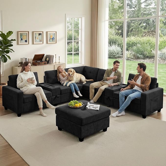 103'' Modular Sectional Sofa couch with 2 Acrylic Consoles Oversized U Shaped Couch Set with USB Charger Storage DrawersPockets and Movable Ottoman Chenille Sectional Couches for Living RoomBlack