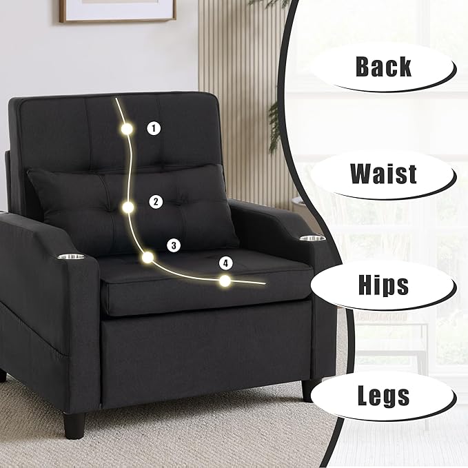 Sleeper ChairSingle Armchair Sofa with PillowAdjustable Backrest Recliner Sofa Modern Pull Out Couch Bed with USB Port Cup Holder Side Pocket for Living Room Bedroom(Black)