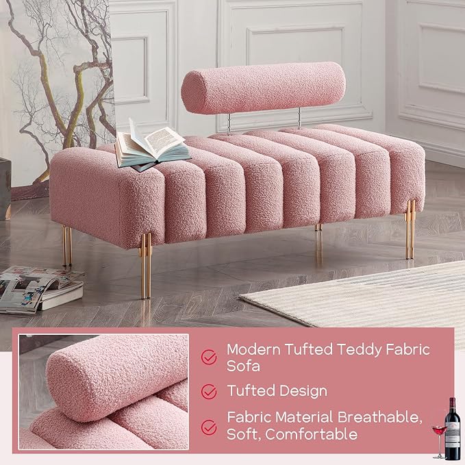 NIOIIKIT 53.2 Modern Loveseat Sofa Couch Upholstered Accent Sofa with Golden Legs and Adjustable Backrest Small Teddy Fleece Couches for Bedroom Living Room Compact Small Space (Pink Teddy)