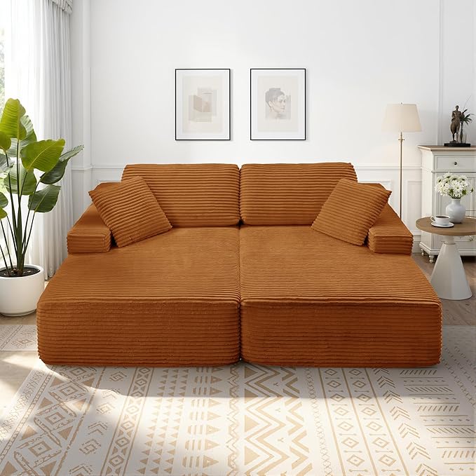 89.3” Oversized Double Chaise Lounge Indoor Orange Corduroy Chaise Lounge Chair Upholstered Sleeper Sofa Bed Deep Seat Sleeper Loveseat Reading Chairs Boneless Cloud Couch for Living Room Bedroom