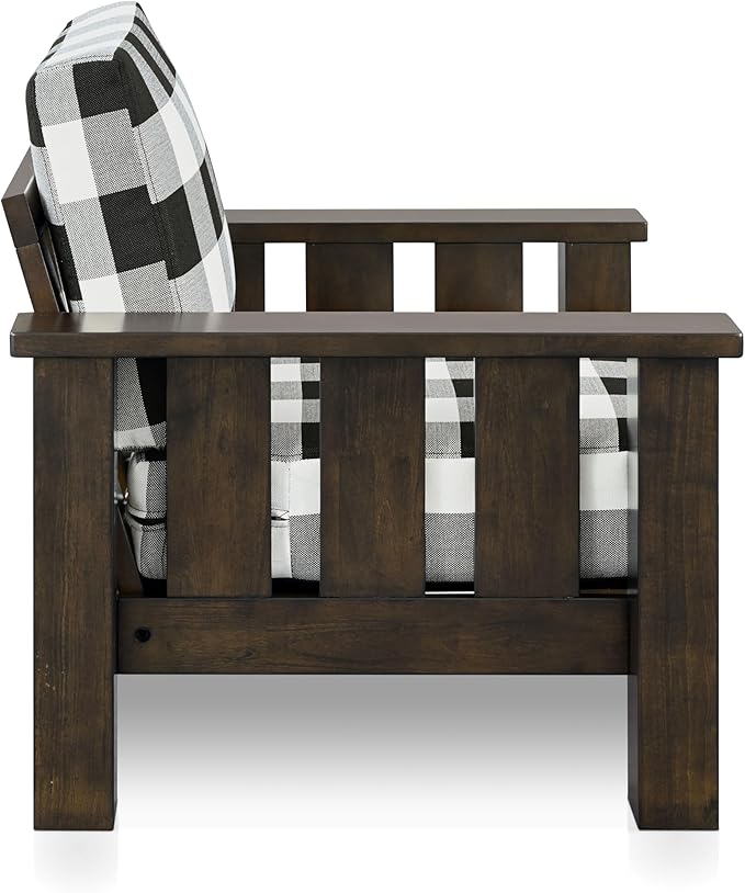 Furniture of America Gavik Modern Solid Wood Arm Chair with Plaid Removable Cushions Black and White Upholstery Fabric Comfortable Upholstered Seating for Living Room Guest Room Dark Walnut