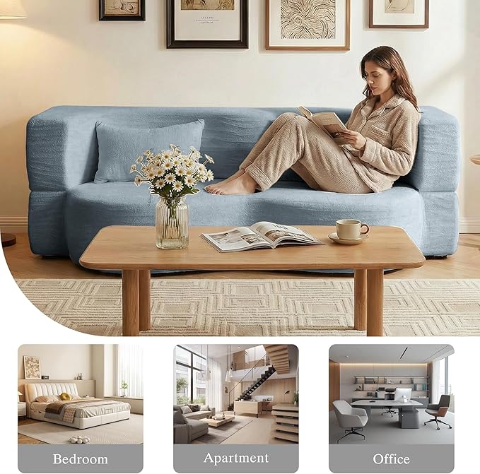 2-in-1 Folding Convertible Sofa Bed - 78 Inch Boneless Teddy Loveseat Sleeper Foldable Floor Futon Couch with Pillow Pull-Out Modular Matress for Small Spaces (Living Room/Bedroom/Dorm) (Blue)