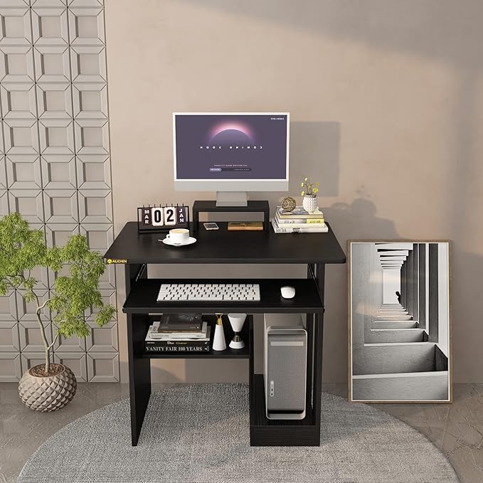 30 Inch Gaming Desk Computer Desk with Keyboard Tray Monitor Stand Storage Shelves CPU Stand Industrial Small Desk for Small Spaces Home Office Desk Black