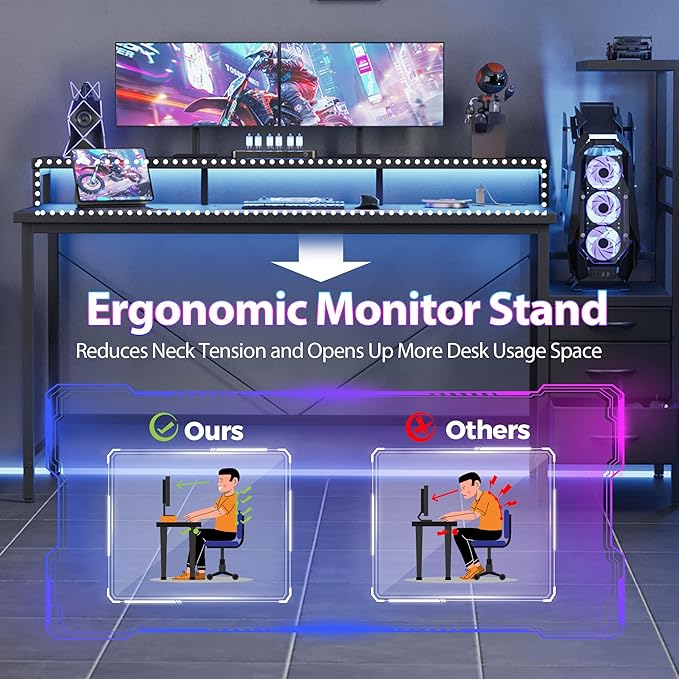 Mericonia Gaming Desk with Power Outlets &amp LED Lights Reversible Computer Desk with PC Case Stand Fabric Drawers Modern Office Desk with Shelves Monitor Stand