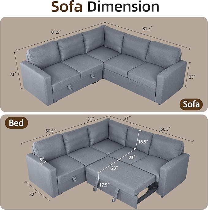 Pull Out Sleeper Sofa Sectional Couches for Living Room 5-Seater Pull Out Couch with Storage Convertible Sofa Bed for Small Space Guest Room Apartment Gray