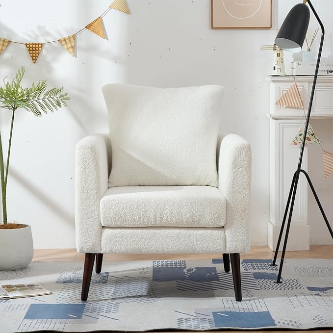 Modern Upholstered Accent Chair Mid-Century Lounge Armchair with Pillow Comfy Reading Side Accent Chairs Single Sofa Chair with Wood Legs for Living Room Bedroom (White+Teddy)