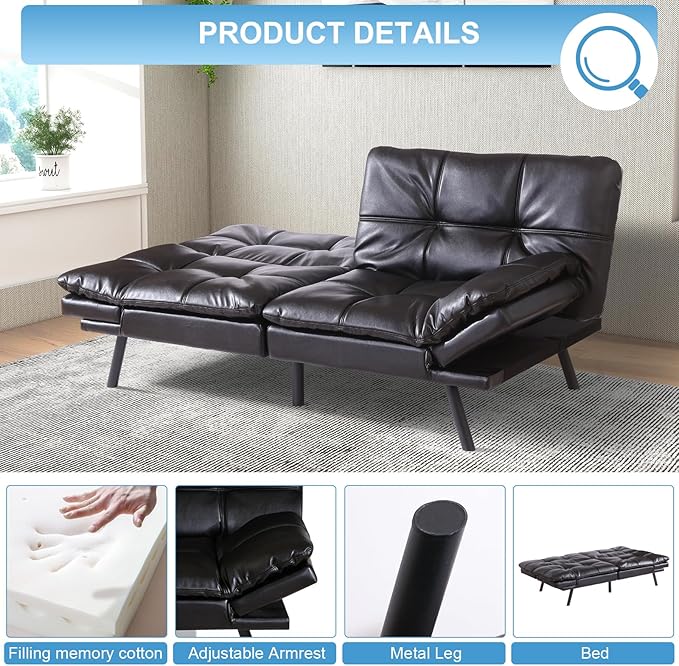 MUUEGM Futon Sofa Bed Couch Sofa Memory Foam Futon Sleeper Sofa Loveseat Convertible Couch Bed for Small Compact Spaces Apartment Black