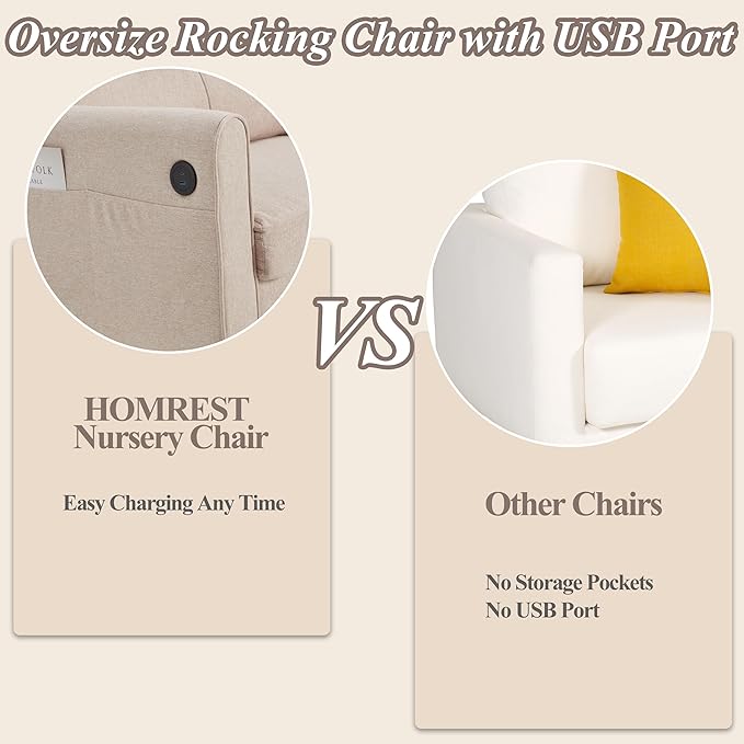 HOMREST Rocking Chair Upholstered Nursery Rocking Chair with High Back and Side Pocket USB Port Double Wide Rocker Glider Chairs with Wood Legs for Living Room Bedroom Nursery Beige