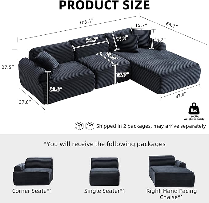 105”Cloud Couch Sectional Sofa Modular Boneless Sofa for Living Room and Apartments Deep Seat Corduroy L Shape Couch with Removable Washable Covers (Black 3 Seater+Right Facing Chaise)