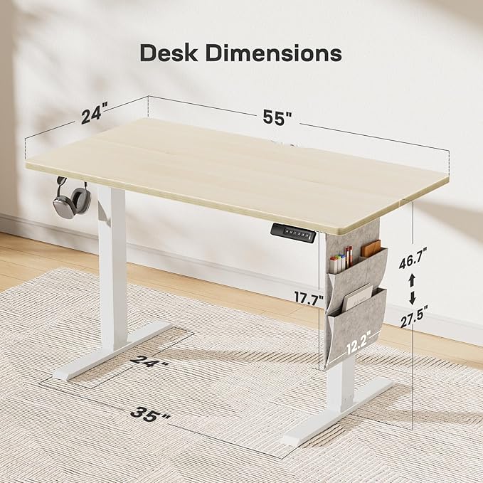 Marsail Standing Desk Adjustable Height Electric Standing Desk with Storage Bag Stand up Desk for Home Office Computer Desk Memory Preset with Headphone Hook 55 * 24 Inch Maple (TZESD8N)
