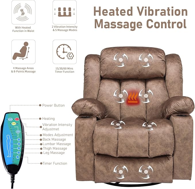 Swivel Rocker Recliner Chair with Heat and Massage Manual Glider Rocking Reclining Chair 360° Swivel Overstuffed Lounge Chair with 2 Cup Holders Side Pockets &amp USB Ports Fabric Brown