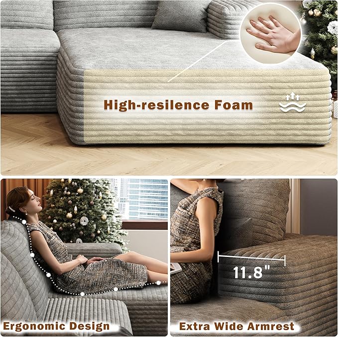 Oversized Corduroy Sectional Boneless Couch 108 W U Shaped Modular Sectional Sofa with Chaise/Ottoman No Assembly Required Compress Couches for Living Room (Grey 3 seater+Ottoman+Left Chaise)