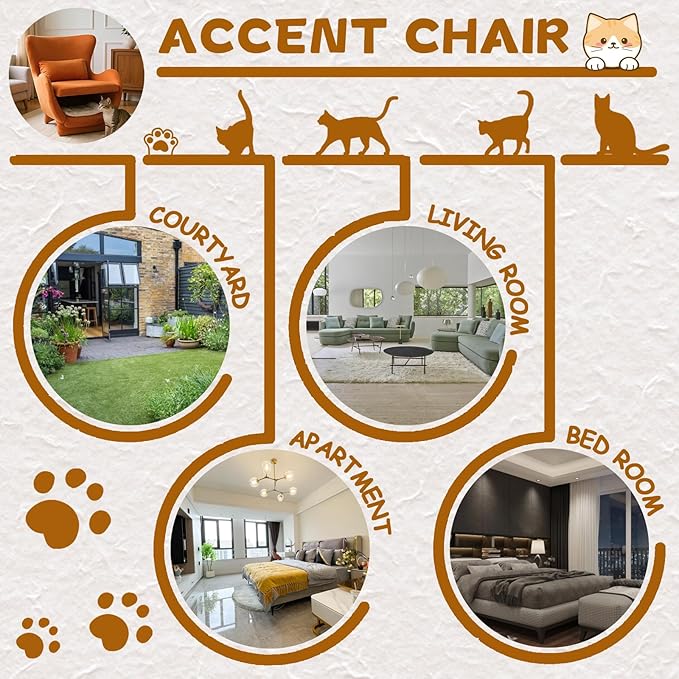 Orange Accent Chair with Curved Arms Velvet Upholstered Wingback Chair with Lumbar Pillow Comfy Reading Chair with Cat House for Bedroom Living Room 300 LBS Capacity (B)