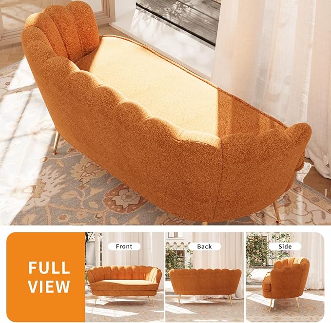 59'' Loveseat Sofa Modern Sherpa Boucle 2-Seater Sofa with Golden Legs Comfy Upholstered Shell Accent Couch for Store Living Room Studio Office (Caramel).