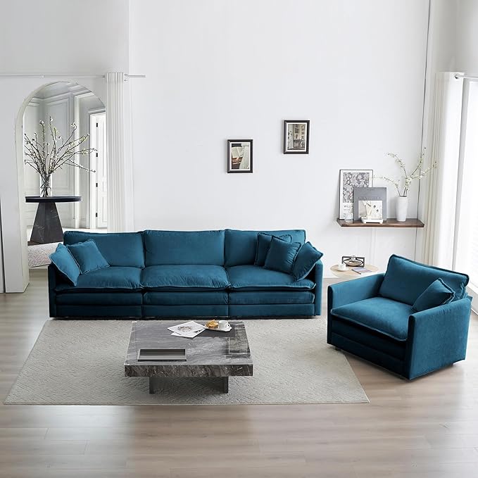 111.5 Sectional Sofa Couch for Living Room Modern Convertible Sofa Couch with Pillows Mid-Century Modern Sleeper Sofa 4-Seater Sofa for Living Room Apartment OfficeBlue