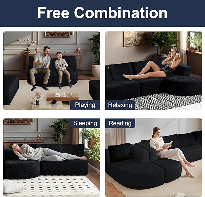 144 Oversized Sectional Sofa with Chaise Lounge Boneless Couches for Living Room Modern Luxury Chenille 5-Seater Sofa Deep Seat U-Shape Curved Cloud Couch No Assembly Required (Black)