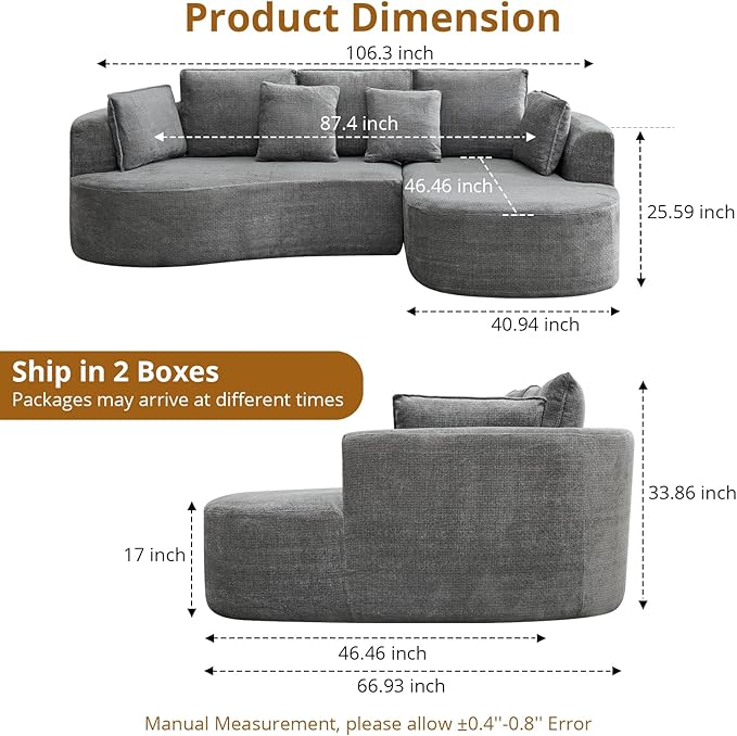Curved Cloud Boneless Couch 106’’ Modern Comfy L-Shape No Assembly Required Sofa with Chenille Fabric Deep Seat Loveseat + Chaise for Living Room