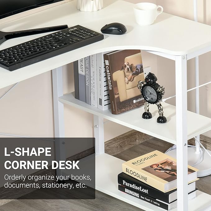 Industrial L Shaped Computer Desk with 2 Side Shelves and Steel e Corner Desk Study Workstation for Home Office White