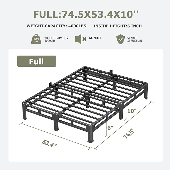 NKZ 10 Inch Full Size Bed Frame Metal Bed Frame &amp Box Spring 2 in 1 Platform with Round Corner Legs 4000lbs Weight Capacity Reinforced Low Profile Metal Frame Noise-Free Easy Assembly