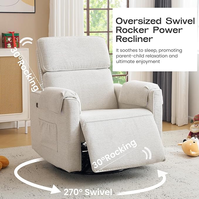 Oversized Power Recliner Chair Swivel Glider with Adjustable Headrest Swivel Rocking Recliner Chair for Adults 26 Extra Wide Glider Nursery Chair with Overstuffed Armrest USB Ports White