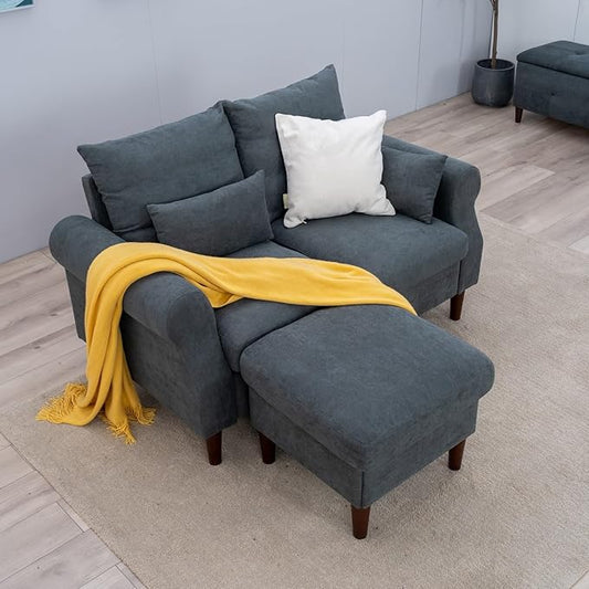 Panana Sectional Sofa Couch Loveseat Modern Linen Love Seater Home Furniture with Reversible Footstool for Small Space Living Room (Grey Scroll Arm - Loveseat with Ottoman)