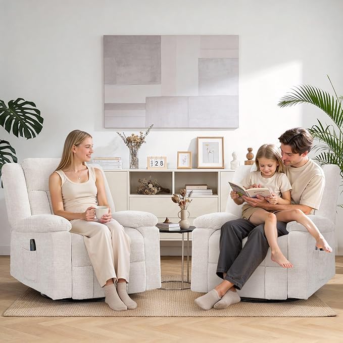Rocker Recliner Chair for Adults 360° Swivel Rocker Recliner with Massage and Heating Nursery Rocking Chairs with Side Pockets Manual Reclining Chair for Living Room Bedroom or Nursery