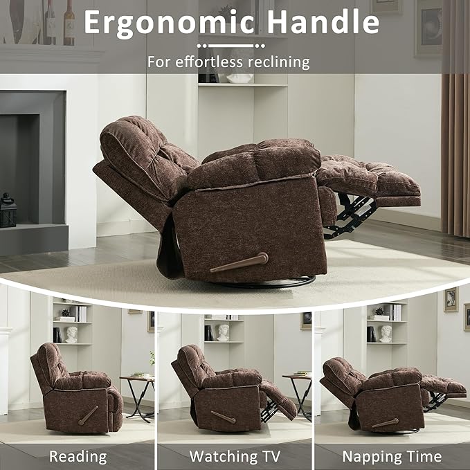 Oversized Recliner Chair Overstuffed Swivel Rocker with Extra Wide Seat &amp Breathable Fabric for Living Room (Manual Brown)