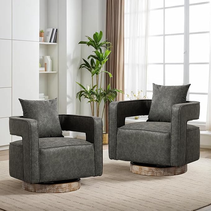 Mlmh &amp Kngwa 29 W Swivel Accent Barrel Chair Set of 2 Mid Century Modern PU Leather Round Arm Chair for Living Room BedroomGray