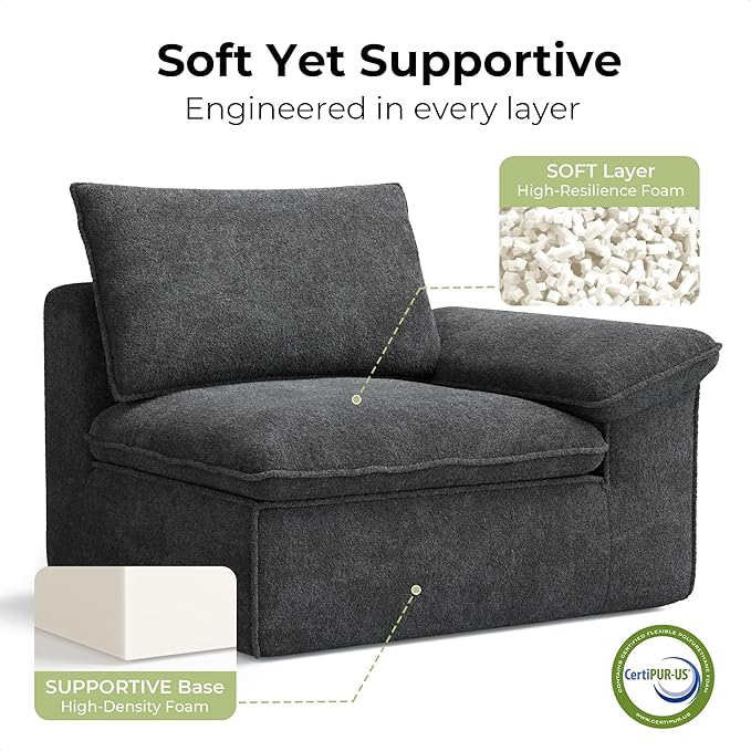 LIKIMIO 120 L-Shaped Modular Sectional Sofa Cloud Sectional Couch with Deep Seat Comfy Teddy Upholstery Oversized 3-Seater with Ottoman Boneless Couch for Living Room No Assembly Dark Grey