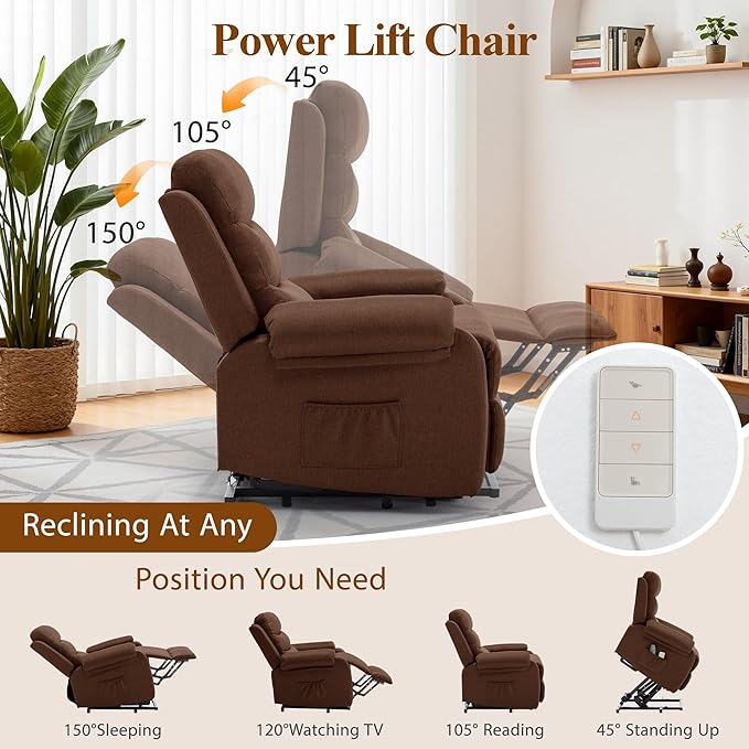 Recliner Lift Chair Small Power Chair for Elderly &amp Adults Electric Lift Recliners with Side Pockets for Bedroom Living Room Recliner Saves Your Favorite Positions Brown