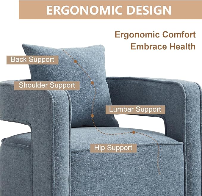 Swivel Accent Chairs for Living Room Upholstered 360° Round Barrel Arm Chair with Open Back &amp Wood Base Comfy Linen Blend Square Single Club Chair for Bedroom Office Hotel Reception (Blue)