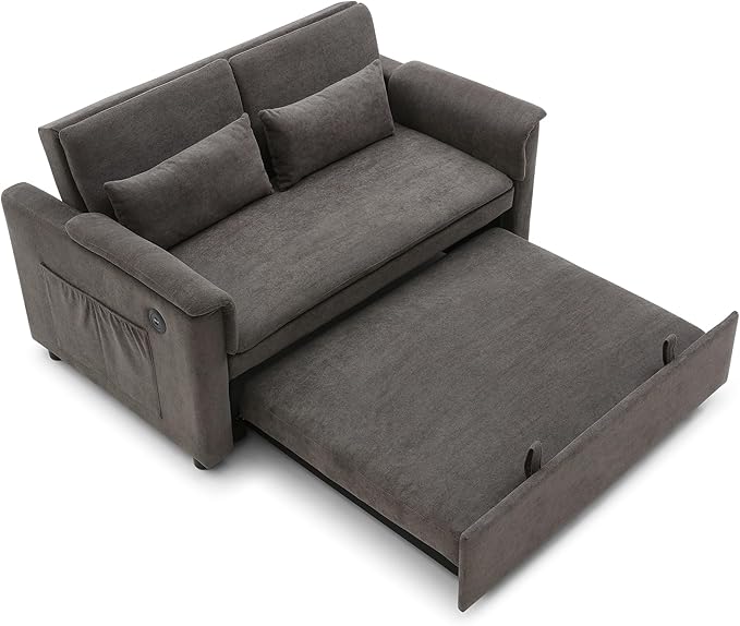 3 in 1 Convertible Sofa Bed with USB Ports - 55 Modern Velvet Sleeper Loveseat with Adjustable Backrest Pull-Out Bed 2 Pillows &amp Storage Pockets Space Saving (Grey)