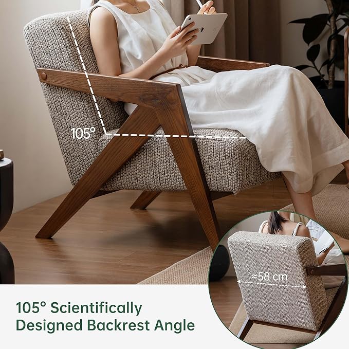 YESWOOD Solid Wood Reading Armchair Removable Washable Cover High-Resilience Foam Ergonomic Living Room Bedroom Balcony Chair (Grey)