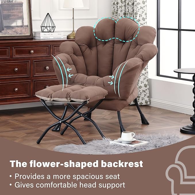 Lazy Chair with Ottoman Modern Floral Reading Chair with Folding Footrest Dark Brown Accent Chairs Comfortable Oversized Armchairs for Bedroom Living Room Courtyard